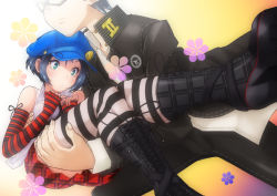 Rule 34 | 1boy, 1girl, blush, boots, carrying, elbow gloves, fingerless gloves, glasses, gloves, hat, head out of frame, highres, hori shin, marie (persona 4), narukami yuu, persona, persona 4, persona 4 the golden, princess carry, school uniform, striped clothes, striped gloves, striped thighhighs, thighhighs