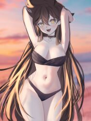 Rule 34 | arms behind head, arms up, bare shoulders, beach, bikini, black choker, blush, breasts, brown eyes, brown hair, choker, cleavage, collarbone, contrapposto, cowboy shot, english text, evening, hair between eyes, hair over breasts, heart, heart-shaped pupils, heart choker, highres, large breasts, long hair, looking at viewer, navel, open mouth, original, sketch, sky above me, smile, strapless, strapless bikini, swimsuit, symbol-shaped pupils, unfinished, very long hair, yellow eyes