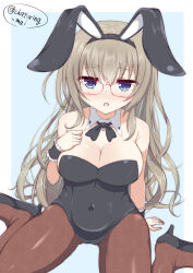 Rule 34 | 1girl, 9-nine-, absurdres, alternate costume, animal ears, arm support, bare shoulders, black bow, black footwear, black leotard, black wrist cuffs, bow, breast hold, breasts, brown pantyhose, chataring mai, cleavage, collar, collarbone, commentary request, covered navel, embarrassed, facing viewer, fake animal ears, frilled cuffs, furrowed brow, glasses, gluteal fold, hair between eyes, high heels, highres, kujou miyako, large breasts, leotard, light blue background, light brown hair, long hair, looking at viewer, open mouth, pantyhose, playboy bunny, rabbit ears, red-framed eyewear, shiny skin, sidelocks, simple background, sitting, solo, thighs, twitter username, very long hair, wariza, wavy hair, white collar, wing collar, wrist cuffs