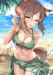 Rule 34 | 1girl, alternate costume, animal ears, artist name, bare shoulders, beach, bikini, blush, breasts, brown hair, cleavage, collarbone, commentary, fine motion (umamusume), green bikini, green sarong, hair between eyes, hair ornament, highres, horse ears, horse girl, horse tail, korokoro nekoz, large breasts, looking at viewer, medium breasts, midriff, multicolored hair, navel, ocean, open mouth, outdoors, sarong, sidelocks, smile, solo, sparkling aura, starfish, stomach, streaked hair, swimsuit, tail, two-tone hair, umamusume, v-shaped eyebrows, water drop, white hair, yellow eyes