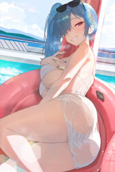 Rule 34 | 1girl, absurdres, ass, azur lane, bare shoulders, bikini, blue hair, blue nails, blue sky, boller jiang, breasts, cloud, cloudy sky, commentary request, day, eyewear on head, fingernails, hair over one eye, highres, large breasts, looking at viewer, lying, nail polish, official alternate costume, on innertube, on side, outdoors, red eyes, sarong, side ponytail, sky, smile, solo, st. louis (an afternoon on the lido deck) (azur lane), st. louis (azur lane), sunglasses, swimsuit, thighs, wet, wet clothes, white bikini, white sarong