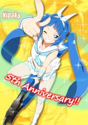 Rule 34 | 1girl, anniversary, arm up, bare arms, bare shoulders, blue eyes, blue hair, blue neckerchief, bow, character name, collarbone, commentary request, foreshortening, from above, grin, hair bow, hair tie, hairband, halftone, halftone background, highres, index finger raised, kneehighs, leg up, long hair, looking at viewer, midriff, miniskirt, navel, neckerchief, nipako, one eye closed, outstretched arm, oversized object, pleated skirt, pliers, pointing, pointing at viewer, school uniform, serafuku, shiny skin, shoes, sidelocks, skirt, sleeveless, smile, socks, solo, sparkle, straddling, twintails, ultimate nipper, white bow, white footwear, white hairband, white skirt, white socks, wristband, yellow background, yuto (dialique), zoom layer