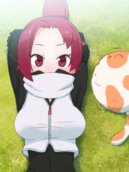 Rule 34 | 1girl, arms behind head, black gloves, breasts, covered mouth, creature, folded ponytail, forehead, gloves, grass, highres, kemurikusa, looking at viewer, lying, medium breasts, morumoru (kemurikusa), on back, on grass, ponytail, red eyes, red hair, rin (kemurikusa), sat-c, scarf, short hair, solo, upper body, white scarf