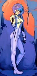 Rule 34 | 1girl, ayanami rei, bad id, bad twitter id, blue hair, bodysuit, breasts, commentary, dusk, english commentary, expressionless, from side, full body, hairpods, interface headset, neon genesis evangelion, optionaltypo, pilot suit, plugsuit, red eyes, rock, short hair, small breasts, solo, standing, turtleneck, white bodysuit