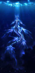 Rule 34 | 1boy, arsh (thestarwish), blue background, blue hair, blue skin, blue theme, bubble, closed eyes, colored skin, completely nude, dorsal fin, english text, fins, full body, glaucus atlanticus, glowing, horns, male focus, merman, monster boy, nude, open mouth, original, outstretched arms, pointy ears, refraction, short hair, smile, solo, underwater