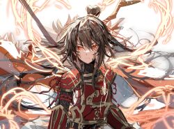 Rule 34 | 1girl, armor, brown hair, cape, chinese armor, closed mouth, coat, dragon horns, fire, fur-trimmed coat, fur trim, gold trim, hair bun, highres, horns, library of ruina, long hair, looking at viewer, project moon, red armor, red cape, red eyes, red ribbon, ribbon, scales, sidelocks, simple background, solo, tkylv1683, very long hair, white background, xiao (project moon)