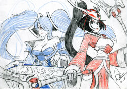 Rule 34 | 2girls, akali, alex ahad, antlers, bare shoulders, black hair, blood moon akali, blue hair, breasts, cleavage, dual wielding, eyeshadow, hair over one eye, high ponytail, holding, horns, large breasts, league of legends, lipstick, long hair, makeup, mask, multiple girls, narrow waist, photo (medium), polearm, red eyes, sketch, sona (league of legends), traditional media, twintails, very long hair, weapon