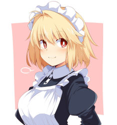 Rule 34 | 1girl, alternate costume, antenna hair, arcueid brunestud, black dress, blonde hair, blush, breasts, chata maru (irori sabou), commentary request, dress, highres, large breasts, looking at viewer, maid, maid headdress, pink background, puffy sleeves, red eyes, short hair, simple background, skirt, smile, solo, sweater, tsukihime, two-tone background, white background