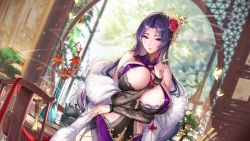 Rule 34 | 1girl, alternate costume, areola slip, arm between breasts, arm under breasts, bare shoulders, blush, breasts, cleavage, closed mouth, contemporary, detached sleeves, dress, fate/grand order, fate (series), flower, hair flower, hair ornament, hairpin, highres, large breasts, long hair, looking at viewer, low-tied long hair, minamoto no raikou (fate), parted bangs, purple dress, purple eyes, purple hair, smile, tsuki no i-min, very long hair