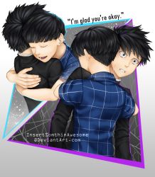 Rule 34 | 4boys, artist name, back, black hair, black jacket, blue shirt, blunt bangs, brothers, checkered clothes, checkered shirt, clenched teeth, closed eyes, crying, crying with eyes open, gradient background, highres, hug, insertsomthinawesome, jacket, kageyama ritsu, kageyama shigeo, long sleeves, looking at viewer, male focus, mob psycho 100, multiple boys, multiple persona, open mouth, school uniform, shirt, short hair, short sleeves, siblings, smile, standing, straight hair, tears, teeth, upper body, watermark, web address