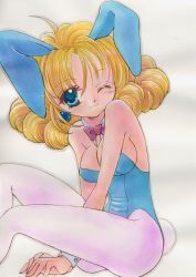 Rule 34 | absurdres, animal ears, blonde hair, blue eyes, chunsoft, dragon quest, dragon quest iii, enix, fake animal ears, highres, jester (dq3), leotard, one eye closed, pantyhose, playboy bunny, rabbit ears, rie (ae10171), short hair, solo, traditional media, white pantyhose, wink