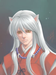 Rule 34 | 1boy, animal ears, inuyasha, inuyasha (character), japanese clothes, jewelry, lips, long hair, male focus, necklace, portrait, signature, silver hair, slit pupils, solo, tokiko (psychopomp), wolf ears, yellow eyes