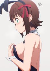 Rule 34 | 1girl, absurdres, amami haruka, animal ears, bare back, bare shoulders, black leotard, blush, breasts, brown hair, chromatic aberration, collar, detached collar, embarrassed, fake animal ears, flying sweatdrops, frilled collar, frills, from side, green eyes, gyorui (katsuwo drawing), hair ribbon, highres, idolmaster, idolmaster (classic), idolmaster million live!, leotard, leotard pull, medium breasts, medium hair, playboy bunny, profile, rabbit ears, red ribbon, ribbon, sideboob, sidelocks, solo, sweatdrop, upper body, wavy mouth, white background, wrist cuffs