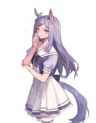 Rule 34 | 1girl, absurdres, animal ears, blush, bow, bowtie, closed mouth, cowboy shot, ear bow, elbow rest, hand up, highres, horse ears, horse girl, horse tail, long hair, looking at viewer, mejiro mcqueen (umamusume), mixkechin, purple eyes, purple hair, purple shirt, sailor collar, shirt, short sleeves, skirt, smile, solo, tail, thighhighs, umamusume, white background, white skirt, white thighhighs