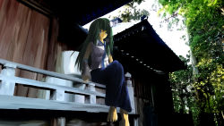 Rule 34 | 1girl, absurdres, architecture, bad anatomy, bad feet, bad id, bad pixiv id, barefoot, blue eyes, blue skirt, day, detached sleeves, east asian architecture, expressionless, green hair, hair tubes, highres, kochiya sanae, long hair, long skirt, nature, outdoors, poorly drawn, qlache, shrine, skirt, sleeveless, solo, sunlight, tile roof, touhou, tree