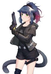 Rule 34 | 1girl, animal ears, arknights, black gloves, black shirt, black shorts, blue hair, cat ears, cat tail, chinese commentary, commentary request, cowboy shot, gloves, gradient hair, green eyes, grey jacket, gun, handgun, headphones, highres, holding, holding gun, holding weapon, jacket, jessica (arknights), long sleeves, looking at viewer, multicolored hair, nekonomi, open clothes, open jacket, pistol, purple hair, shirt, short hair, shorts, simple background, solo, standing, tail, thigh strap, weapon, white background