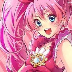 Rule 34 | 10s, 1girl, :d, armpits, bare shoulders, blue eyes, blush, collarbone, cure melody, houjou hibiki, long hair, musical note, open mouth, pink hair, precure, sleeveless, smile, solo, suite precure, twintails, upper body, yuucho (cololal)