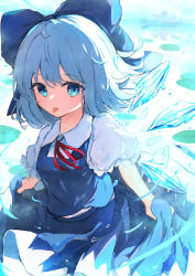 Rule 34 | 1girl, bad id, bad pixiv id, blue bow, blue dress, blue eyes, blue hair, bow, cirno, collared shirt, detached wings, dress, fairy, hair between eyes, hair bow, highres, ice, ice wings, puffy short sleeves, puffy sleeves, shangurira, shirt, short hair, short sleeves, solo, tongue, tongue out, touhou, white shirt, wings