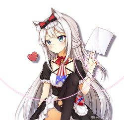 Rule 34 | 1girl, american flag, american flag print, azur lane, bad id, bad pixiv id, bell, between fingers, black bow, black dress, black thighhighs, blush, bow, box, closed mouth, dated, dress, flag print, green eyes, hair bow, hammann (azur lane), head tilt, heart, heart-shaped box, highres, holding, holding paper, jingle bell, long hair, looking at viewer, neet cangshu, paper, print neckwear, puffy short sleeves, puffy sleeves, short sleeves, silver hair, simple background, sitting, solo, thighhighs, v-shaped eyebrows, very long hair, white background