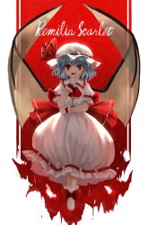 Rule 34 | 1girl, ascot, bat wings, blue hair, character name, dress, fangs, fingernails, frilled shirt collar, frills, full body, hat, hat ribbon, highres, looking at viewer, mob cap, parted lips, puffy short sleeves, puffy sleeves, red background, red eyes, red ribbon, remilia scarlet, ribbon, sharp fingernails, short hair, short sleeves, smile, solo, standing, suna (s73d), touhou, white dress, wings, wrist cuffs