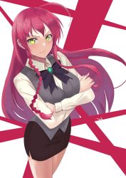 Rule 34 | 1girl, absurdres, ahoge, black skirt, blush, braid, breasts, brooch, closed mouth, collared shirt, crossed arms, dress shirt, eyebrows, female focus, floating hair, frown, green eyes, hataraku maou-sama!, highres, jewelry, kasumi saika, long hair, long sleeves, looking at viewer, neck ribbon, pencil skirt, red background, red hair, ribbon, shirt, signature, simple background, single braid, skirt, sleeve cuffs, solo, standing, thighs, vest, white background, white shirt, yusa emi