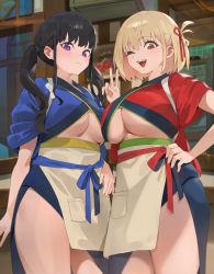 Rule 34 | 2girls, black hair, blonde hair, breasts, hand on own hip, highres, hood (james x), inoue takina, japanese clothes, kimono, large breasts, looking at viewer, lycoris recoil, multiple girls, nishikigi chisato, short hair, smile, thighs, underboob
