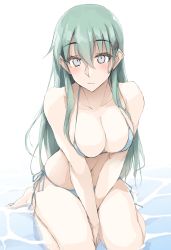 Rule 34 | 1girl, aqua hair, arms between legs, bikini, blue bikini, blush, breasts, breasts squeezed together, cleavage, closed mouth, grey eyes, hair between eyes, hair ornament, hairclip, halterneck, highres, kantai collection, large breasts, long hair, side-tie bikini bottom, simple background, sitting, solo, string bikini, suzuya (kancolle), swimsuit, water, white background, zekkyon