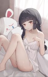 Rule 34 | 1girl, ass, black hair, blue archive, blush, braid, breasts, camisole, closed mouth, feet out of frame, gmi (jimmyovob), highres, indoors, long hair, looking at viewer, miyu (blue archive), red eyes, sitting, small breasts, solo, twin braids, white camisole