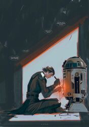 Rule 34 | 02png, 1boy, 1other, anakin skywalker, astromech droid, belt, black belt, brown hair, cable, droid, english text, highres, prosthesis, prosthetic arm, r2-d2, robot, scar, scar across eye, science fiction, star wars