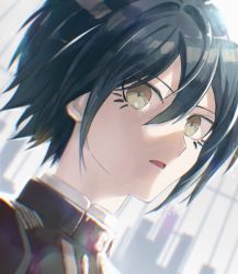 Rule 34 | 1girl, black hair, brown eyes, close-up, commentary, danganronpa (series), danganronpa v3: killing harmony, dutch angle, hair between eyes, highres, jacket, looking at viewer, male focus, open mouth, portrait, saihara shuichi, short hair, solo, symbol-only commentary, visket53
