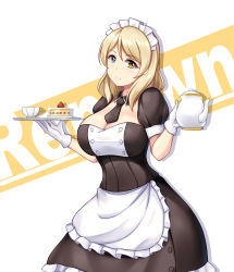 Rule 34 | 1girl, absurdres, between breasts, blonde hair, blue eyes, breasts, cake, dress, food, gloves, heterochromia, highres, large breasts, maid, maid headdress, necktie, necktie between breasts, painttool sai (medium), photoshop (medium), renown (warship girls r), short hair, smile, teapot, warship girls r, white gloves, xiao qi, yellow eyes
