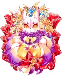 Rule 34 | animal focus, animalization, blue flower, bow, claws, colored sclera, eyeliner, flower, fluffy, fox, from above, fur collar, highres, kyuubi (youkai watch), legs up, looking at viewer, lying, makeup, mofu (moffuri sippo), multiple tails, no humans, on back, open mouth, orange eyes, orange flower, pawpads, pink eyeliner, red bow, red ribbon, ribbon, solo, spider lily, straight-on, tail, traditional media, yellow flower, yellow sclera, youkai watch