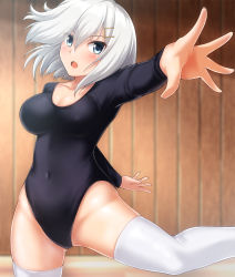 Rule 34 | 1girl, ballet, black leotard, blush, breasts, cleavage, collarbone, groin, hair between eyes, hair ornament, hairclip, hamakaze (kancolle), highleg, indoors, kantai collection, leotard, long sleeves, looking at viewer, medium breasts, open mouth, reaching, reaching towards viewer, short hair, silver hair, solo, thighhighs, thighs, upper body, white thighhighs, wooden floor, wooden wall, zanntetu