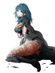 Rule 34 | 1girl, arm guards, armor, ass, black cape, black shirt, black shorts, blouse, blue eyes, blue hair, boots, breasts, broken armor, brown pantyhose, byleth (female) (fire emblem), byleth (fire emblem), cape, commentary request, fire emblem, fire emblem: three houses, from side, frown, full body, hair between eyes, high heel boots, high heels, highres, igusaharu, knee boots, knee guards, kneeling, lace, lace-trimmed legwear, lace trim, large breasts, legs, long hair, looking at viewer, looking to the side, nintendo, pantyhose, pantyhose under shorts, patterned clothing, print pantyhose, see-through, see-through legwear, shadow, shiny clothes, shirt, short shorts, shorts, shoulder armor, sidelocks, simple background, solo, thighs, torn cape, torn clothes, torn shirt, torn shorts, white background