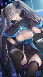 Rule 34 | 1girl, ;d, absurdres, azur lane, bibimbub, black gloves, black skirt, black thighhighs, breasts, cape, cleavage, gloves, grey hair, hair between eyes, hair ornament, hand on own hip, high-waist skirt, highres, intrepid (azur lane), knee up, large breasts, long hair, looking at viewer, mole, mole on breast, mole on thigh, one eye closed, open mouth, sitting, skirt, sleeveless, smile, solo, thighhighs, thighs, two side up, very long hair