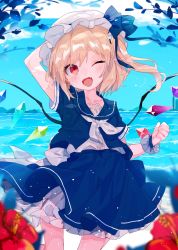 Rule 34 | 1girl, :d, alternate color, alternate costume, arm behind head, arm up, beads, blonde hair, blouse, blue ribbon, blue shirt, blue skirt, blue theme, blurry, blurry foreground, blush, bow, clenched hand, collarbone, commentary request, cowboy shot, fangs, flandre scarlet, flower, frilled hat, frills, hair beads, hair ornament, hat, hat ribbon, head tilt, hibiscus, highres, leaf, letterboxed, light particles, looking at viewer, mob cap, mokyuko, mountain, neck ribbon, one eye closed, one side up, open mouth, orange eyes, outside border, petticoat, pleated skirt, red eyes, red flower, ribbon, sailor collar, sash, school uniform, scoop neck, serafuku, shirt, short hair, short sleeves, skirt, smile, solo, touhou, undershirt, water, water drop, white bow, white hat, white ribbon, white shirt, wide sleeves, wind, wind lift, wings, wrist cuffs