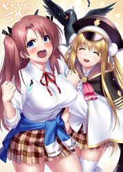 Rule 34 | 2girls, :d, ^ ^, absurdres, aikawa megumi, aikawa megumi (cosplay), air (visual novel), angry, arm hug, black headwear, black ribbon, blonde hair, blue eyes, blush, breasts, brown hair, brown skirt, capelet, closed eyes, collared shirt, commentary request, commission, company connection, cosplay, cowboy shot, double bun, eyelashes, eyes visible through hair, fang, green ribbon, hair between eyes, hair bun, hand up, heaven burns red, highres, kamio haruko, kamio misuzu, key (company), large breasts, long hair, long sleeves, looking at animal, miniskirt, mother and daughter, multiple girls, open mouth, plaid, plaid skirt, pleated skirt, red ribbon, ribbon, second-party source, shiny skin, shirt, sidelocks, signature, simple background, skeb commission, skirt, sleeves rolled up, smile, standing, teeth, thighhighs, two side up, v-shaped eyebrows, very long hair, white capelet, white shirt, white thighhighs, yellow background, zen (kamuro), zettai ryouiki
