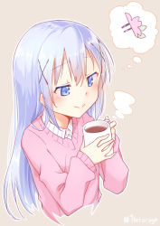 Rule 34 | :&gt;, bad id, bad pixiv id, beige background, blue eyes, blue hair, blush, buttons, casual, closed mouth, collared shirt, cropped torso, cup, flat chest, gochuumon wa usagi desu ka?, hair between eyes, hair ornament, hairclip, hetareeji, highres, holding, hot chocolate, hoto cocoa, kafuu chino, light blue hair, long hair, long sleeves, looking down, mug, outline, pink sweater, shirt, sidelocks, steam, sweater, thinking, thought bubble, upper body, white outline, white shirt, wing collar, x hair ornament