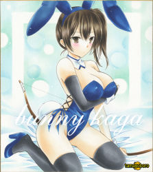 Rule 34 | 10s, 1girl, alternate costume, animal ears, bare shoulders, black thighhighs, blush, bow, bow (weapon), bowtie, breast hold, breasts, brown eyes, brown hair, cleavage, detached collar, fake animal ears, huge breasts, kaga (kancolle), kantai collection, leotard, playboy bunny, rabbit ears, rabbit tail, side ponytail, sitting, solo, tail, tamagoboro, thighhighs, traditional media, weapon, wrist cuffs