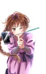 Rule 34 | 1girl, braid, braided ponytail, brown eyes, brown hair, cellphone, commission, cover, cover page, dress, highres, index finger raised, izumi (stardustalone), kokorogakawaru o uchi jidori no jutsu, looking at viewer, ninja, official art, one eye closed, own hands together, phone, purple dress, selfie stick, simple background, standing, textless version, white background