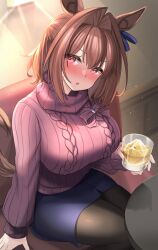Rule 34 | 1girl, animal ears, aran sweater, blue skirt, blush, breasts, brown hair, cable knit, cup, daiwa scarlet (umamusume), drinking glass, hair intakes, highres, holding, holding cup, horse ears, horse girl, horse tail, ice, ice cube, kibihimi, large breasts, long sleeves, looking at viewer, medium hair, pantyhose, parted lips, pencil skirt, pink sweater, red eyes, ribbed sweater, sidelocks, sitting, skirt, solo, sweater, tail, turtleneck, turtleneck sweater, umamusume