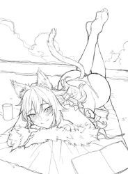 Rule 34 | animal ears, ass, big-ass cat, bikini, bikini bottom aside, blush, breasts, cat ears, cat girl, cat tail, cheshire cat (monster girl encyclopedia), claws, cleavage, clothing aside, cloud, cloudy sky, crossed legs, discord, female focus, fur, monster girl, monster girl encyclopedia, resting head on breast, self-upload, sky, smile, swimsuit, tail, x euphoria