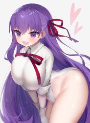 Rule 34 | 10s, 1girl, absurdres, bb (fate), bb (fate/extra), blush, breasts, breasts squeezed together, commentary request, curvy, fate/extra, fate/extra ccc, fate (series), gloves, grey background, hair between eyes, hair ribbon, heart, highres, huge breasts, leaning forward, legs together, leotard, long hair, looking at viewer, open mouth, purple eyes, purple hair, red ribbon, ribbon, simple background, smile, solo, taut clothes, tomo (ryo i so ), very long hair, white gloves, white leotard