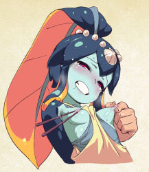Rule 34 | 1girl, apron, apron aside, arms behind back, black eyes, blue skin, blunt bangs, blush, breasts, chopsticks, clenched teeth, colored sclera, colored skin, disembodied hand, fish girl, grabbing, grabbing another&#039;s breast, hair ornament, half-closed eyes, minette (skullgirls), monster girl, nipple pull, nipple stimulation, nipple tweak, nipples, nose blush, om (nk2007), pink eyes, red pupils, scales, shell, skullgirls, small breasts, solo focus, sweat, tears, teeth, waitress, wince, yellow sclera