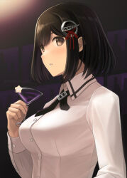 Rule 34 | 1girl, black hair, breasts, brown eyes, buttons, cocktail, cocktail glass, collared shirt, cup, drinking glass, haguro (kancolle), hair ornament, holding, holding cup, kantai collection, large breasts, long sleeves, parted lips, shirt, short hair, solo, tomoyo kai, twitter username, upper body, white shirt