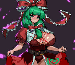 Rule 34 | 1girl, belt, black background, blush, bow, breasts, cleavage, clothes lift, commentary request, cross-laced clothes, dress, dress lift, front ponytail, green eyes, green hair, groin, hair bow, hair ribbon, huge breasts, kagiyama hina, korean commentary, leotard, lifted by self, long hair, looking at viewer, oreomanko, red bow, red dress, red ribbon, ribbon, simple background, solo, touhou