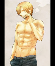 Rule 34 | 1boy, abs, blonde hair, cigarette, denim, hair over one eye, hand in pocket, jeans, male focus, muscular, one piece, pants, sanji (one piece), topless male, smoking, solo, standing