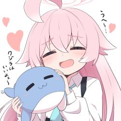 Rule 34 | 1girl, absurdres, ahoge, blue archive, blue necktie, blush, closed eyes, collared shirt, fang, hair between eyes, halo, heart, highres, holding, holding stuffed toy, hoshino (blue archive), long hair, long sleeves, master m 489, necktie, open mouth, pink hair, pink halo, shirt, simple background, solo, stuffed animal, stuffed toy, stuffed whale, upper body, white background, white shirt