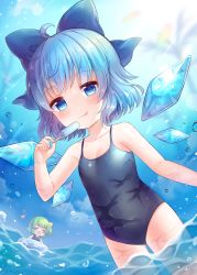 Rule 34 | 2girls, :d, black one-piece swimsuit, blue bow, blue eyes, blue hair, blush, bow, cirno, closed eyes, closed mouth, coa (chroo x), daiyousei, fairy, food, green hair, hair bow, heart, holding, holding food, ice, ice wings, innertube, long hair, multiple girls, one-piece swimsuit, open mouth, popsicle, short hair, side ponytail, smile, solo focus, swim ring, swimsuit, tongue, tongue out, touhou, water, wet, wet clothes, wet swimsuit, wings