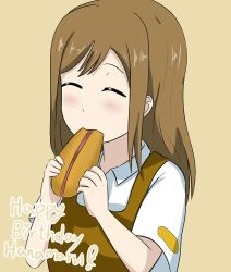 Rule 34 | 1girl, artist name, artist request, blouse, blush, bread, bread bun, breasts, brown background, brown hair, collared shirt, eating, closed eyes, female focus, food, hair between eyes, holding, holding food, kunikida hanamaru, light brown hair, long hair, looking at viewer, love live!, love live! sunshine!!, parted lips, shirt, short sleeves, smile, solo, white shirt, wing collar